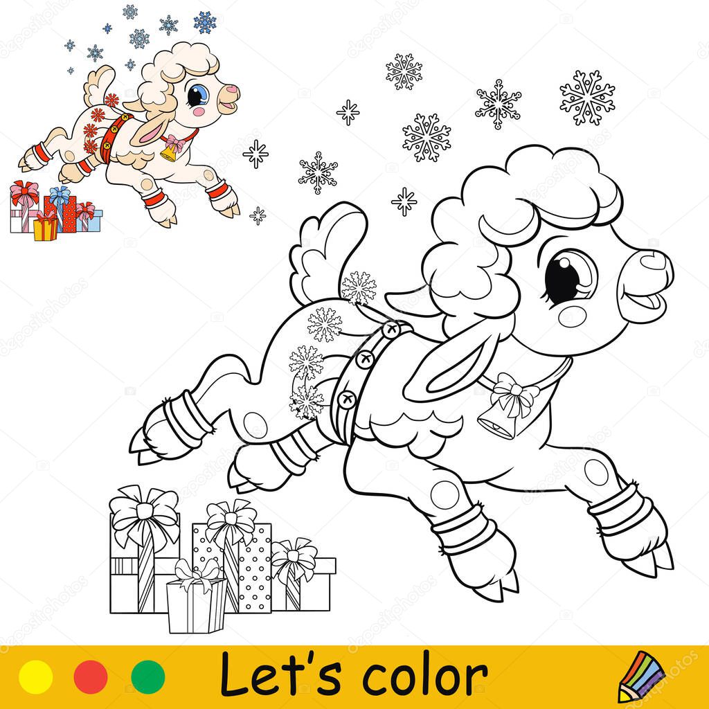 Coloring cute happy Christmas lamb vector illustration
