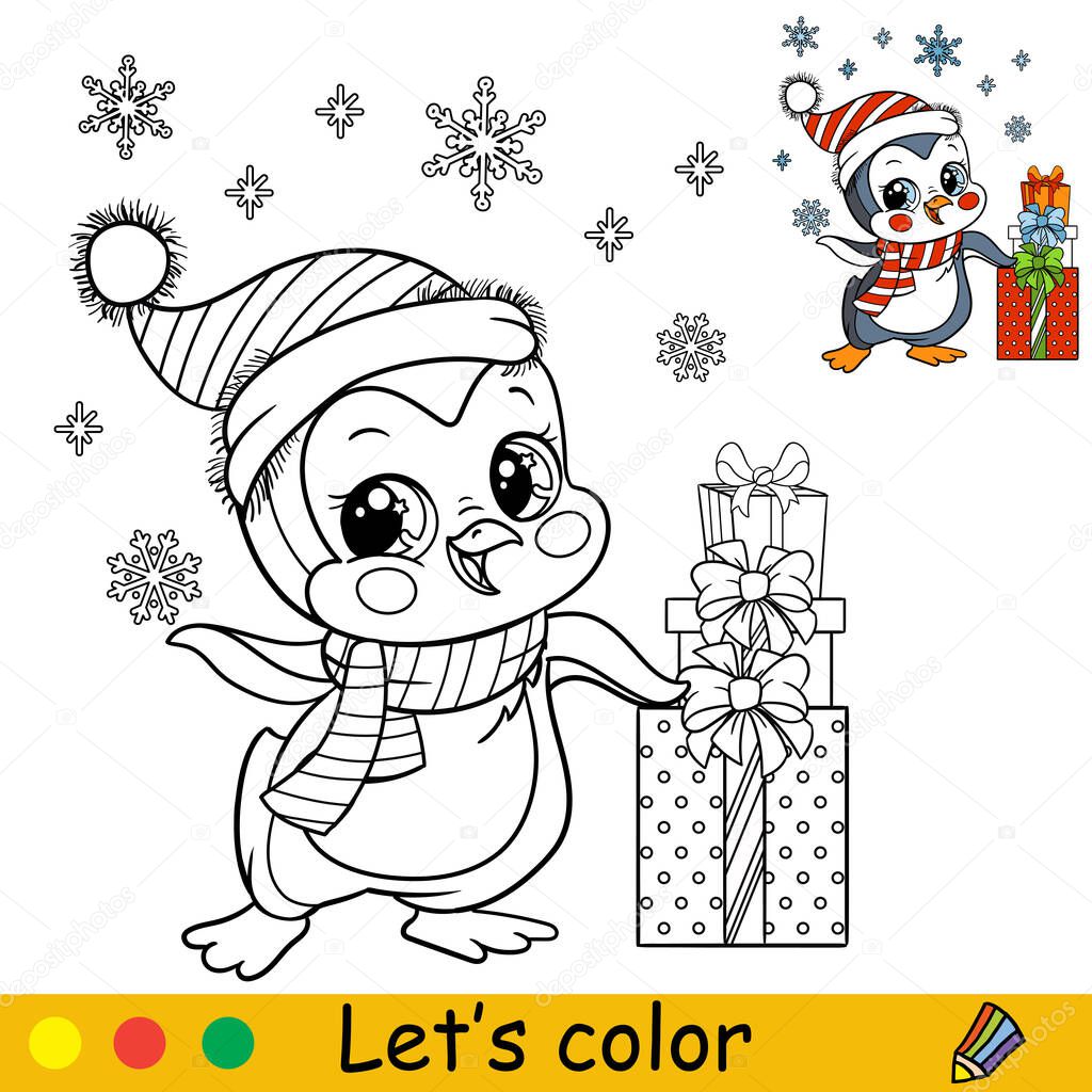 Coloring cute Christmas penguin boy with presents vector