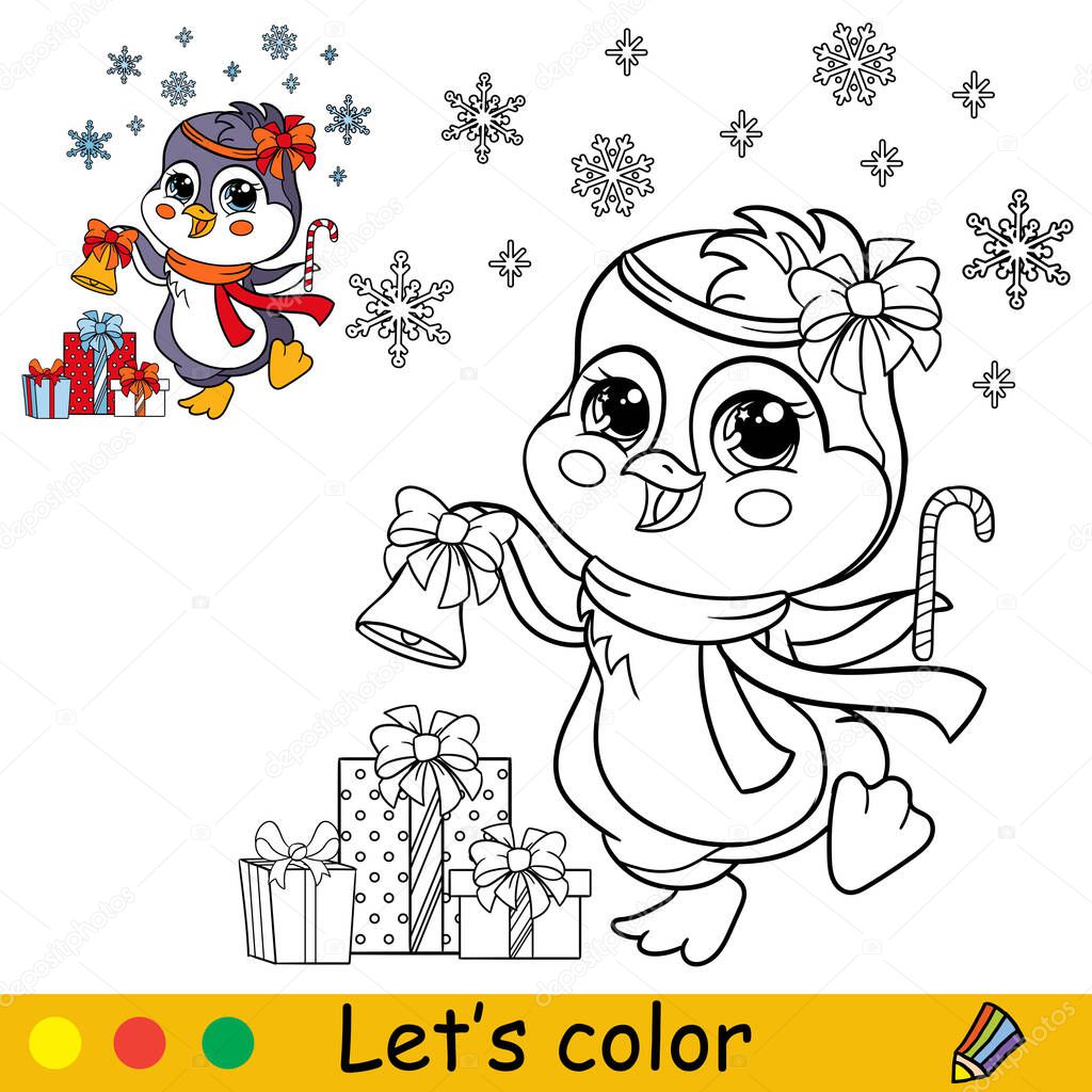 Coloring cute Christmas penguin with presents vector