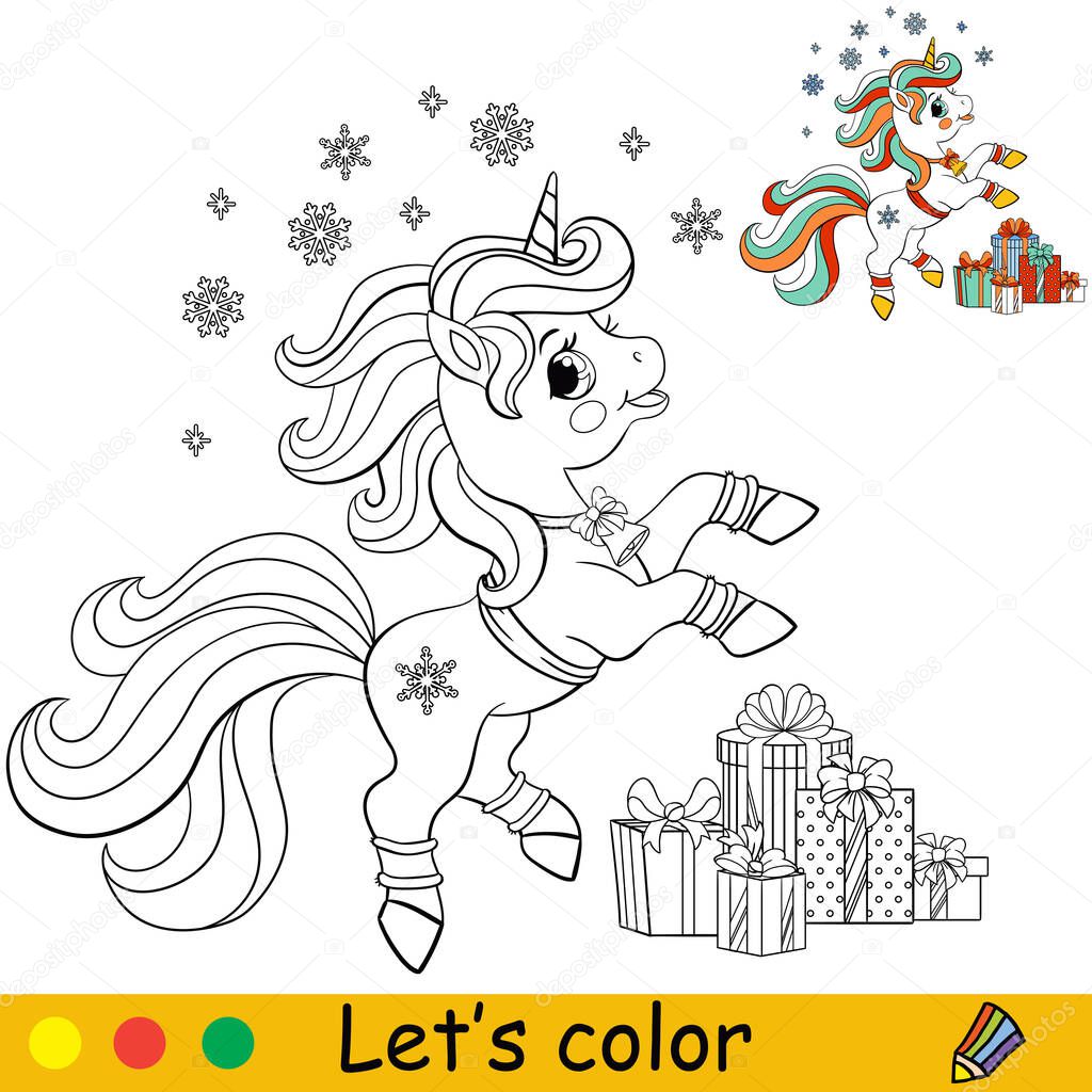 Coloring cute happy Christmas unicorn vector illustration