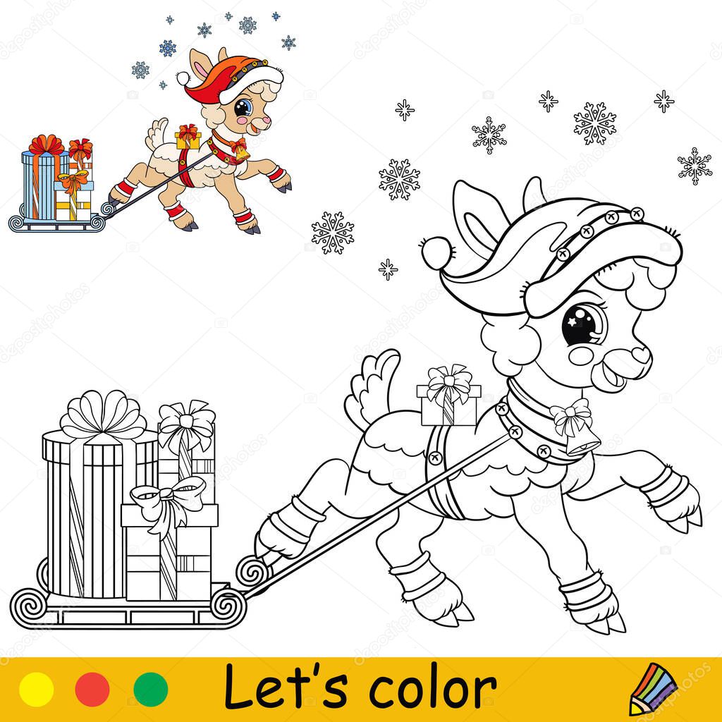 Coloring Christmas lamb carries gifts on a sleigh vector