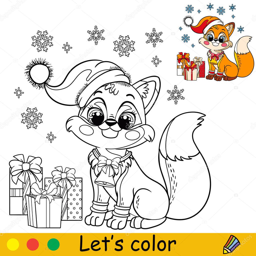 Cute fox in a Christmas hat with presents. Cartoon fox character. Vector isolated illustration. Coloring book with colored exemple. For card, poster, design, stickers, decor,kids apparel