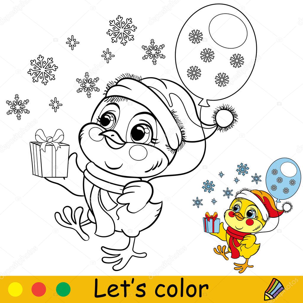 Cute chicken with balloon and present. Cartoon chicken character. Vector isolated illustration. Coloring book with colored exemple. For card, poster, design, stickers, decor,kids apparel