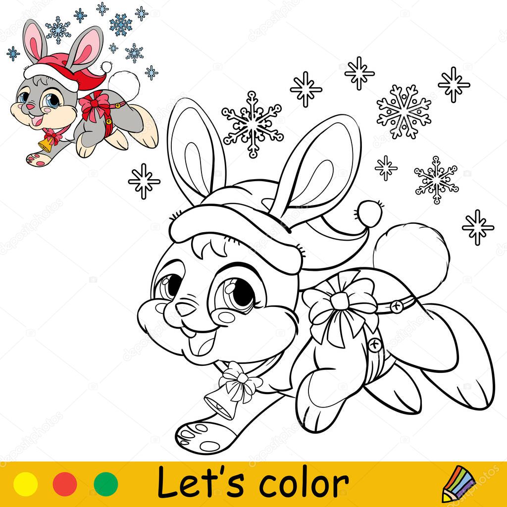 Cute rabbit in a Christmas hat with snowflakes. Cartoon rabbit character. Vector isolated illustration. Coloring book with colored exemple. For card, poster, design, stickers, decor,kids apparel