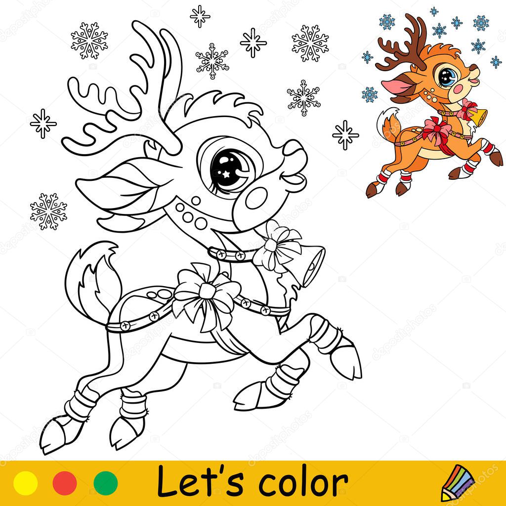 Cute fawn in a Christmas hat with presents. Cartoon deer character. Vector isolated illustration. Coloring book with colored exemple. For card, poster, design, stickers, decor,kids apparel