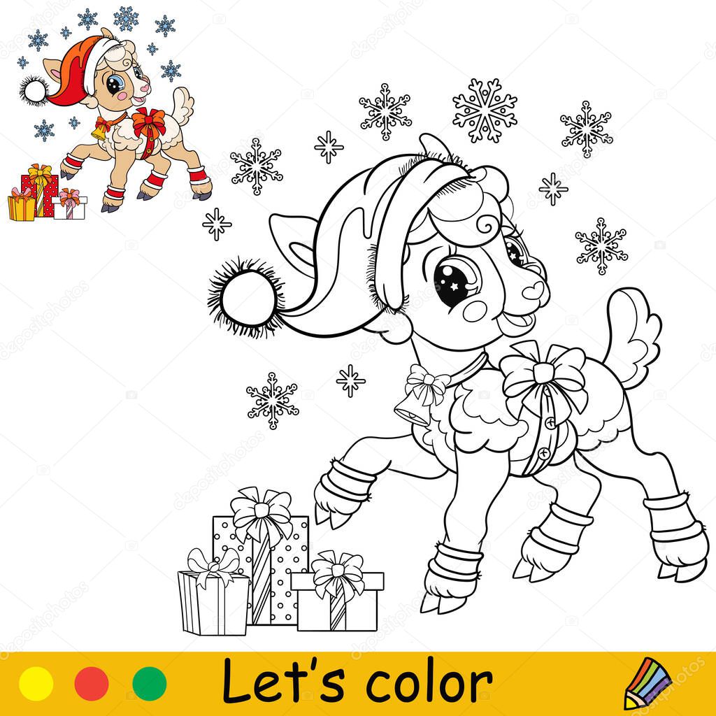 Cute Christmas lamb with gifts. Cartoon little sheep character. Vector isolated illustration. Coloring book with colored exemple. For card, poster, design, stickers, decor,kids apparel