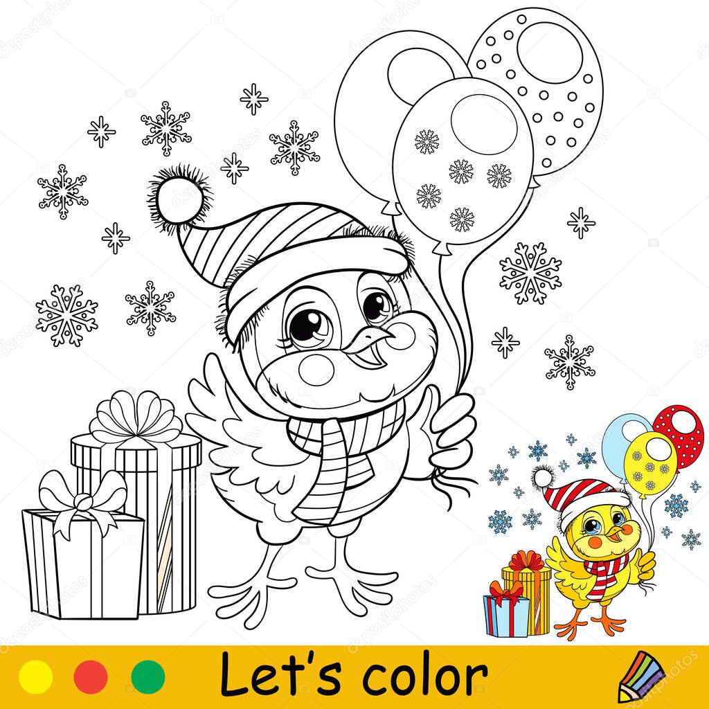 Cute chicken with balloons and presents. Cartoon chicken character. Vector isolated illustration. Coloring book with colored exemple. For card, poster, design, stickers, decor,kids apparel
