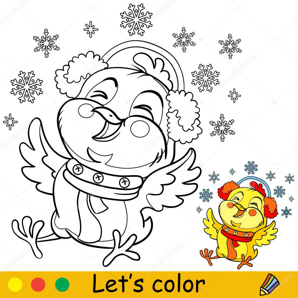 Cute laughing chicken with snowflakes. Cartoon chicken character. Vector isolated illustration. Coloring book with colored exemple. For card, poster, design, stickers, decor,kids apparel