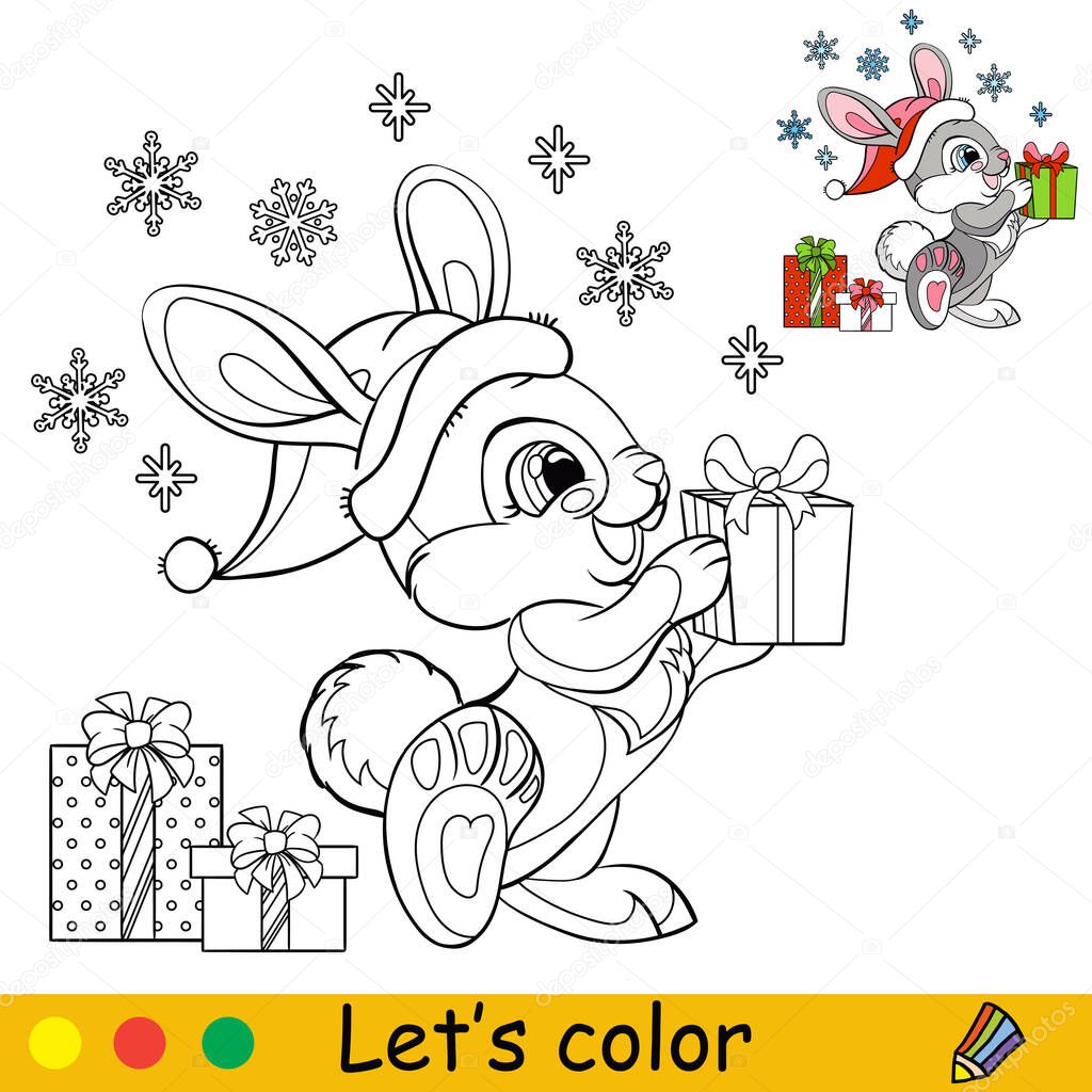Cute rabbit in a Christmas hat with snowflakes. Cartoon rabbit character. Vector isolated illustration. Coloring book with colored exemple. For card, poster, design, stickers, decor,kids apparel
