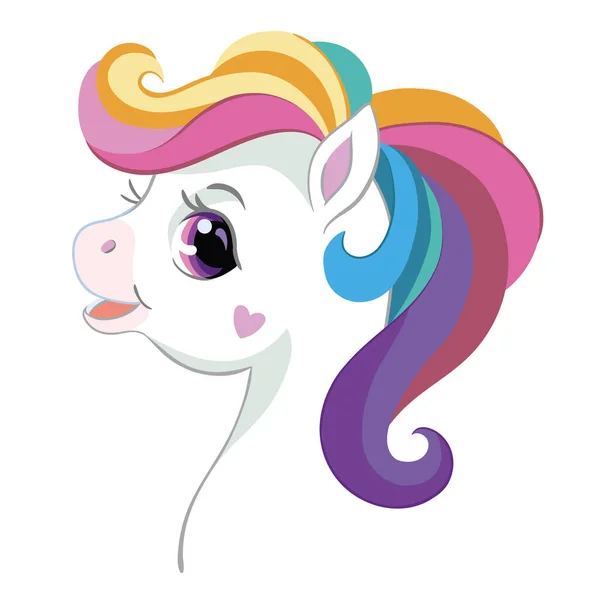 Cute Funny Head White Unicorn Rainbow Curly Mane Cartoon Style — Stock Vector