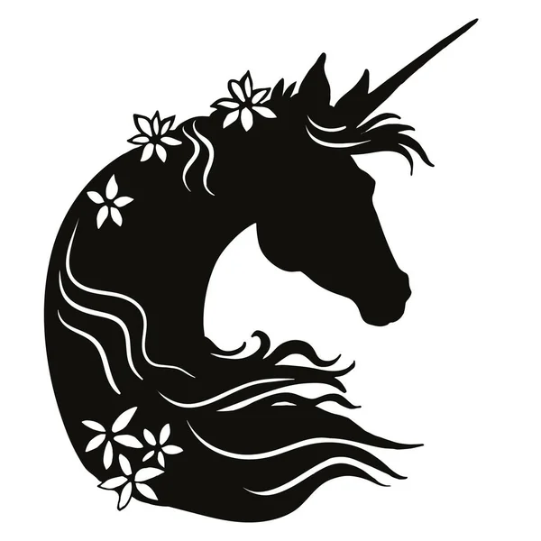 Siluet Kepala Unicorn Hitam Dengan Bunga Surai Keriting Ilustrasi Vektor - Stok Vektor