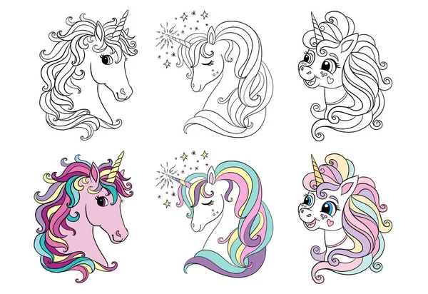Set Three Cartoon Unicorns Heads Monochrome Colorful Template Vector Illustration — Stock Vector