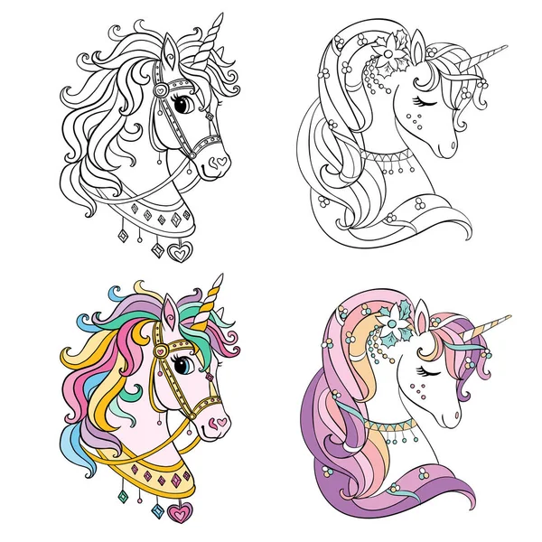 Set Dari Dua Kartun Unicorn Kepala Monokrom Dengan Templat Berwarna - Stok Vektor