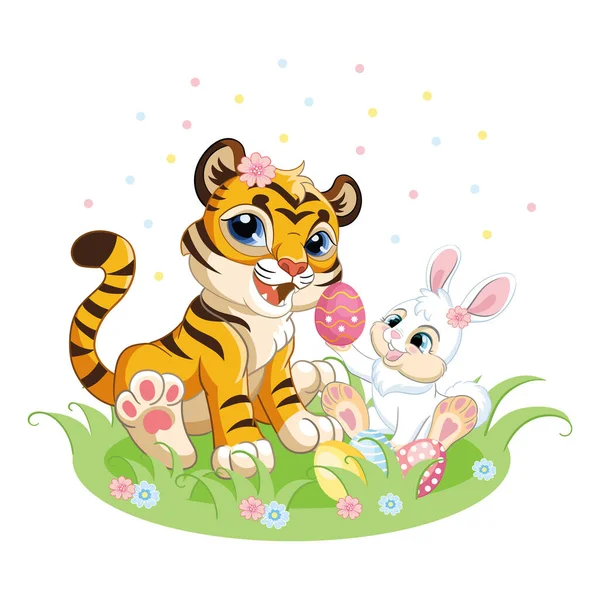 Симпатичный Мультяшный Тигровый Детёныш Пасхальным Кроликом Пасхальным Яйцом Векторная Иллюстрация — стоковый вектор