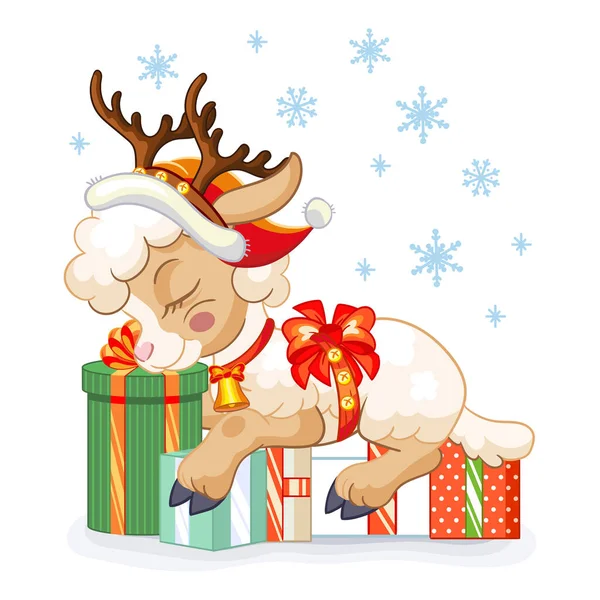 Cute Lamb Christmas Hat Sleeps Gifts Cartoon Lamb Character Vector — Stock Vector