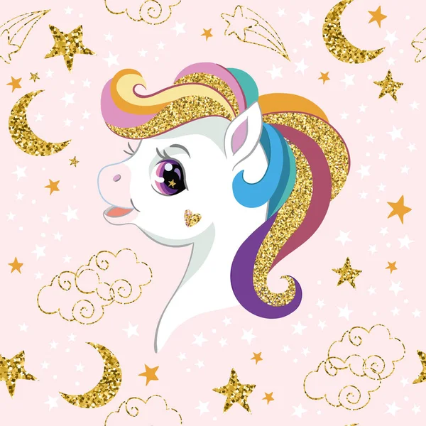 Linda cabeza de unicornio con melena dorada sin costura patrón vector — Vector de stock