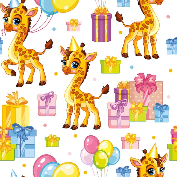 Padrão Vetor Sem Costura Com Girafas Felizes Bonitos Com Balões —  Vetores de Stock