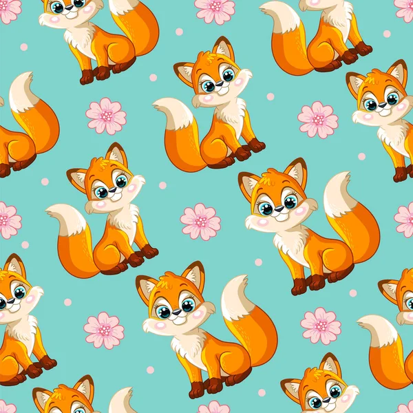 Seamless Vector Pattern Cute Happy Foxes Flowers Isolated Turquoise Background — Stock Vector