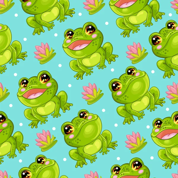 在绿松石背景下 无缝制的病媒图案与可爱的快乐青蛙和水百合隔离 彩色矢量图解 纺织品 — 图库矢量图片