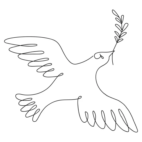Einzeilige Zeichnung Eines Fliegentaubenvogels Mit Zweig Der Pflanze Niedliche Friedenstaube — Stockvektor