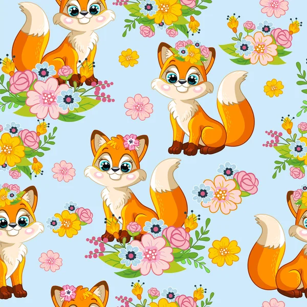 Seamless Vector Pattern Cute Happy Foxes Flowers Isolated Blue Background — Stock Vector
