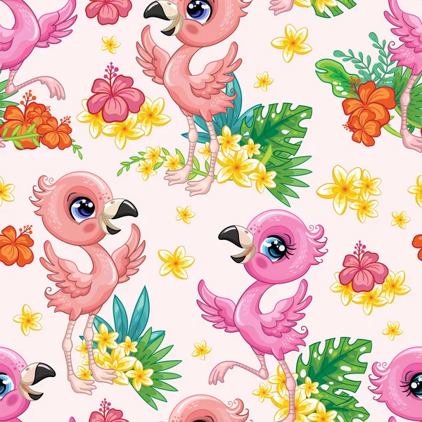 Tropikalny Bezszwowy Wzór Cute Ptaków Flamingo Egzotyczne Kwiaty Izolowane Różowym — Wektor stockowy