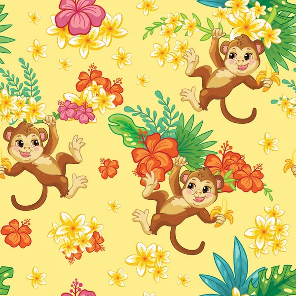 Tropisches Nahtloses Muster Mit Niedlichen Affen Und Exotischen Blumen Auf — Stockvektor