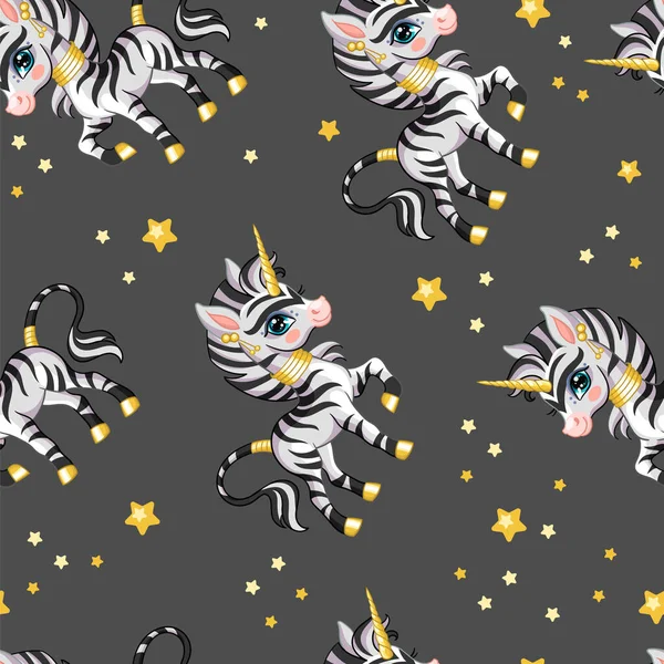 Padrão Vetor Sem Costura Com Zebra Feliz Bonito Unicórnio Estrelas —  Vetores de Stock