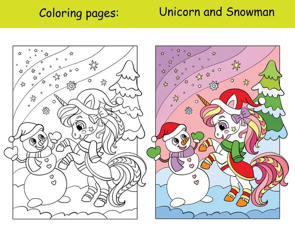 Leuke Grappige Eenhoorn Met Een Sneeuwpop Een Winterse Achtergrond Kleurboek — Stockvector