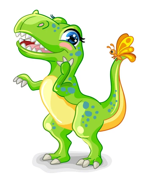 Lindo Personaje Dinosaurio Bebé Dibujos Animados Tiranosaurio Amigable Con Mariposa — Vector de stock