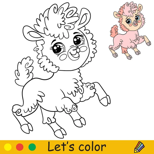 Cartoon Cute Szczęśliwy Lama Kolorowanki Strony Książki Kolorowym Szablonem Dla — Wektor stockowy