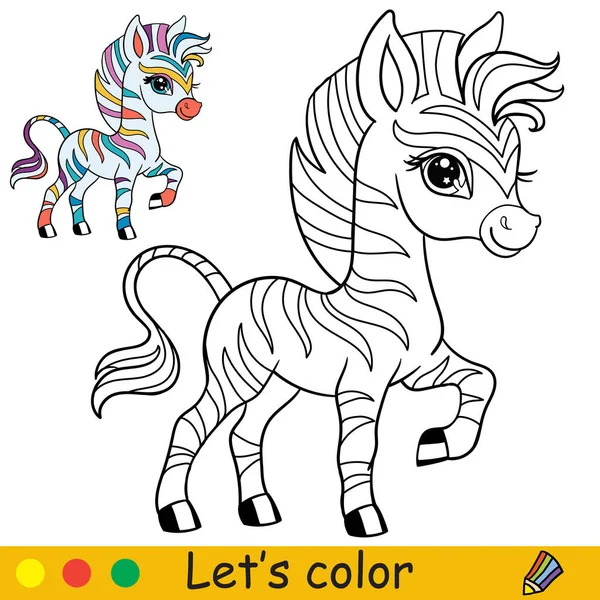 Cartoon Cute Szczęśliwy Tęczowy Zebra Kolorowanki Strony Książki Kolorowym Szablonem — Wektor stockowy