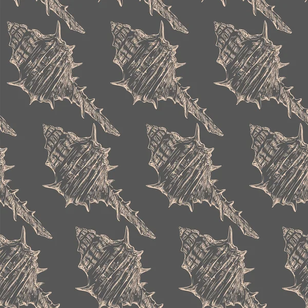 白色海贝壳的无缝图案 灰色的海洋背景手绘矢量图解 印刷品 纺织品 壁纸和床单 — 图库矢量图片