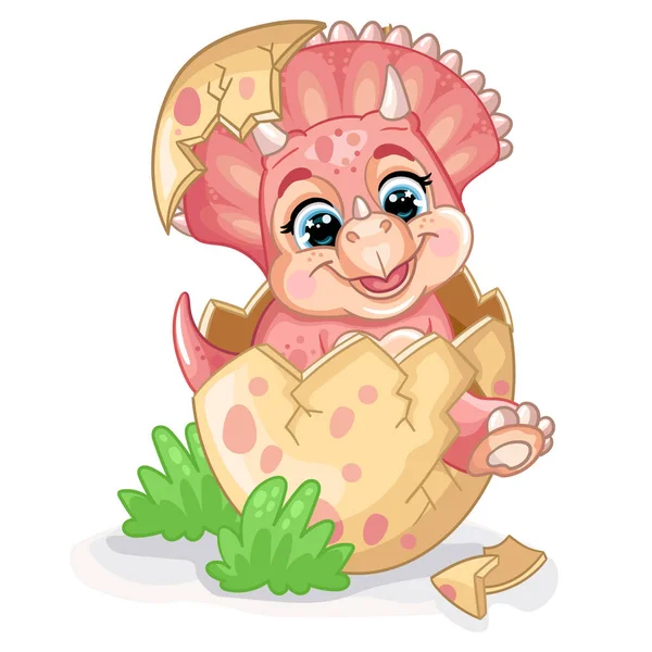 Feliz Bebé Rosa Triceratops Dinosaurio Sentado Huevo Naturaleza Lindo Personaje — Vector de stock