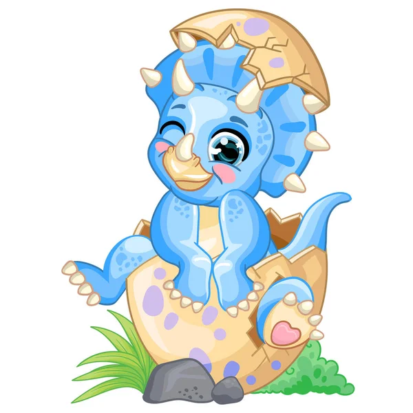 Feliz Bebé Azul Triceratops Dinosaurio Sentado Huevo Naturaleza Lindo Personaje — Vector de stock