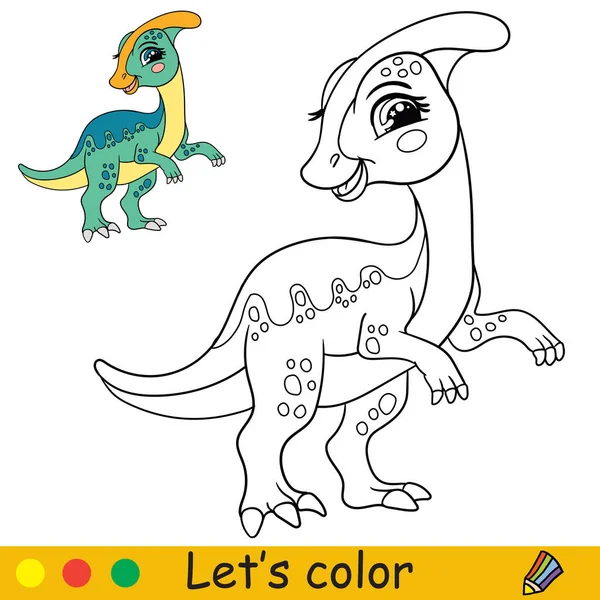 Cartone Animato Simpatico Dinosauro Divertente Parasaurolophus Libro Colorare Pagina Con — Vettoriale Stock