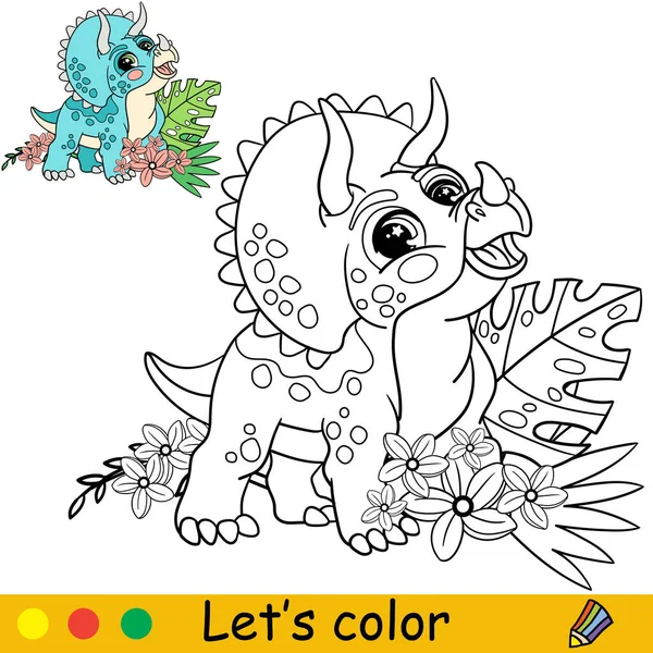 Cartone Animato Simpatico Dinosauro Triceratops Bambino Con Piante Tropicali Libro — Vettoriale Stock