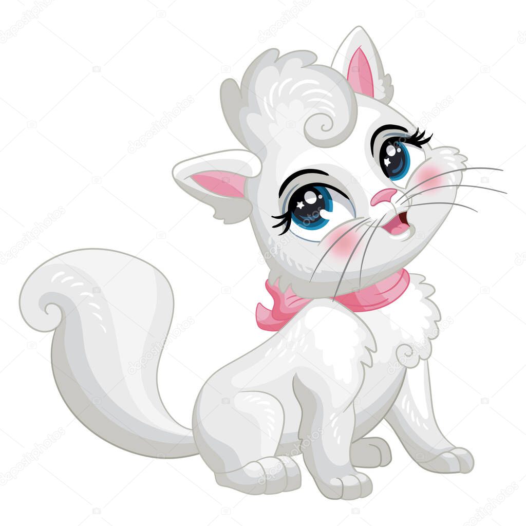 Cute sitting fluffy white kitten. Cartoon character. Vector isolated illustration. Children art. For print, design, posters, cards, stickers, decor, kids apparel, baby shower and invitation