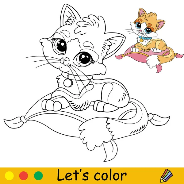 Kreskówka Ładny Zabawny Kot Leżący Poduszce Kolorowanki Strony Książki Kolorowym — Wektor stockowy