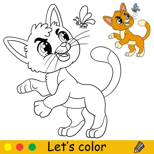 Dibujos Animados Lindo Gato Divertido Jugando Con Una Mariposa Página — Vector de stock