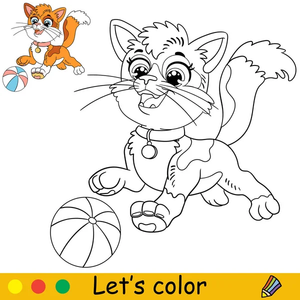 Cartoon Leuke Grappige Kat Spelen Met Een Bal Kleurboek Pagina — Stockvector