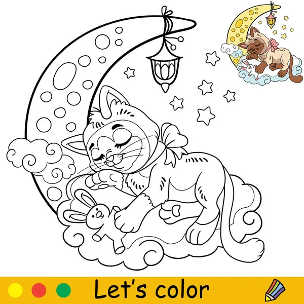 Cartone Animato Simpatico Gatto Divertente Dormire Sulla Luna Libro Colorare — Vettoriale Stock