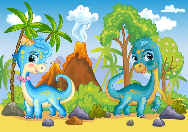 Színes Vízszintes Illusztráció Aranyos Diplodocus Dinoszauruszok Természetben Gyerekek Rajzfilm Háttér — Stock Vector