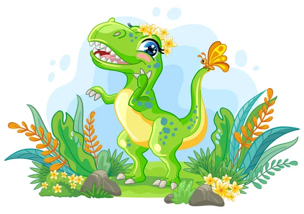 Πολύχρωμη Οριζόντια Απεικόνιση Χαριτωμένο Δεινόσαυρο Τυραννόσαυρο Στη Φύση Παιδικά Καρτούν — Διανυσματικό Αρχείο