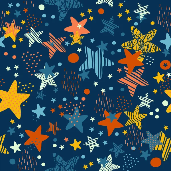 Stars Trendy Colors Dark Blue Background Abstract Seamless Pattern Minimalism — Stock Vector