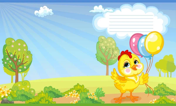 Leuke Kip Met Ballonnen Natuur Kinderen Cartoon Achtergrond Vector Illustratie — Stockvector