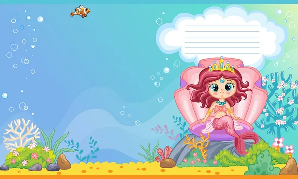 Cute mermaid in the underwater world. Children cartoon background. Vector illustration. Cover page template layout. Applicable for notebooks, planners, brochures, books, catalogs.Two-page cover.
