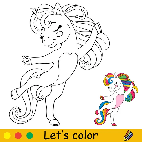 Cartoon Cute Funny Dancing Unicorn Character Coloring Book Page Colorful — Vector de stock