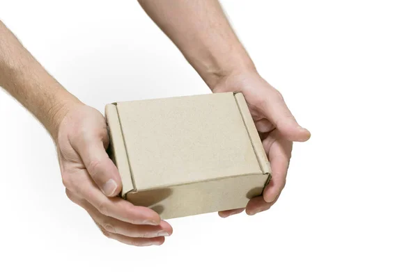 Pudełko Papierowe Jest Dłoni Pusta Powierzchnia Zastosowań Konstrukcyjnych — Zdjęcie stockowe