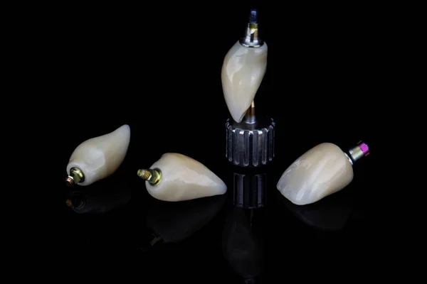 High Quality Dental Crowns Made Ceramic Shot Black Background — Stock Photo, Image